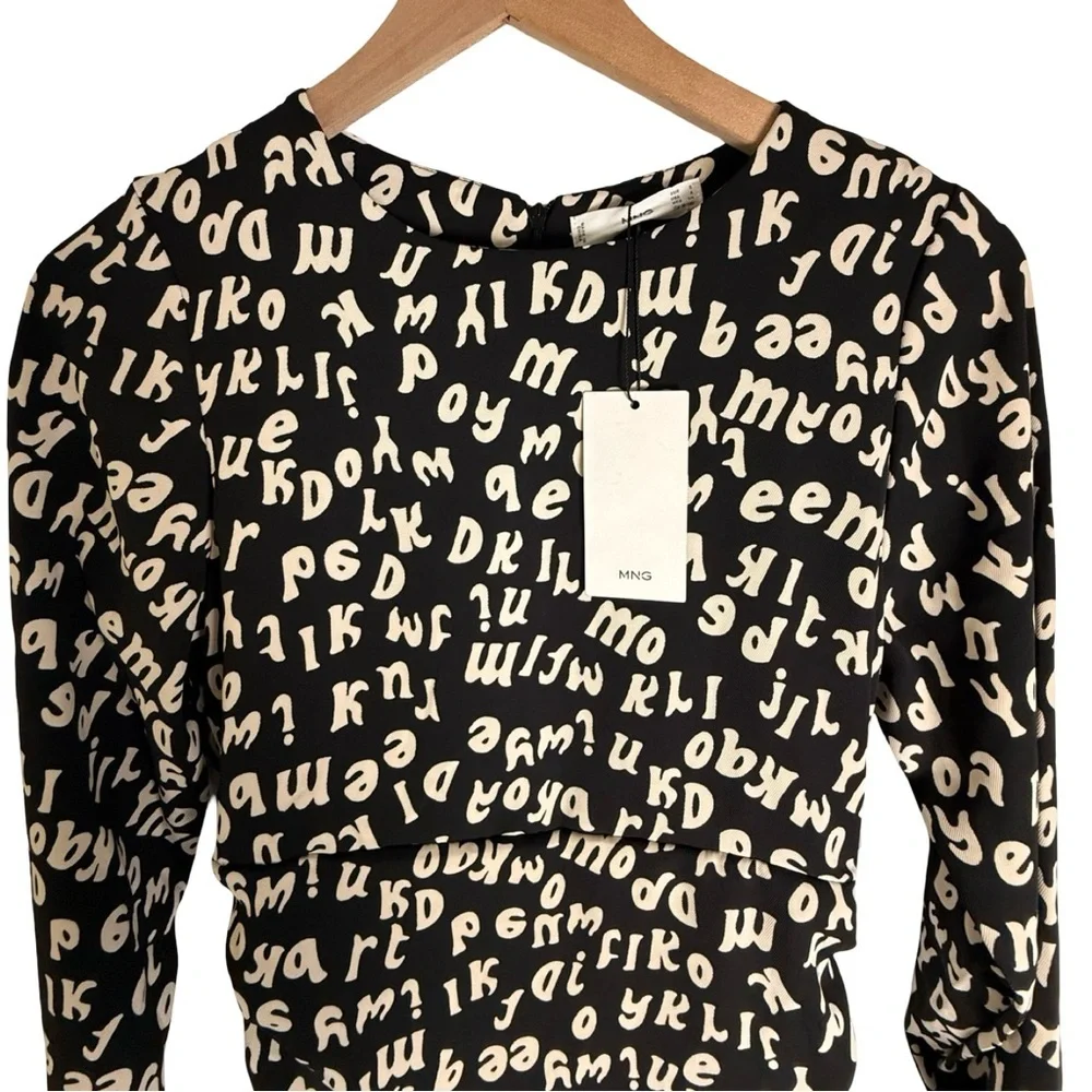 Mango‎ Typographic Print Maxi Dress Womens 4 Black Cream NWT Long Sleeve Ruched